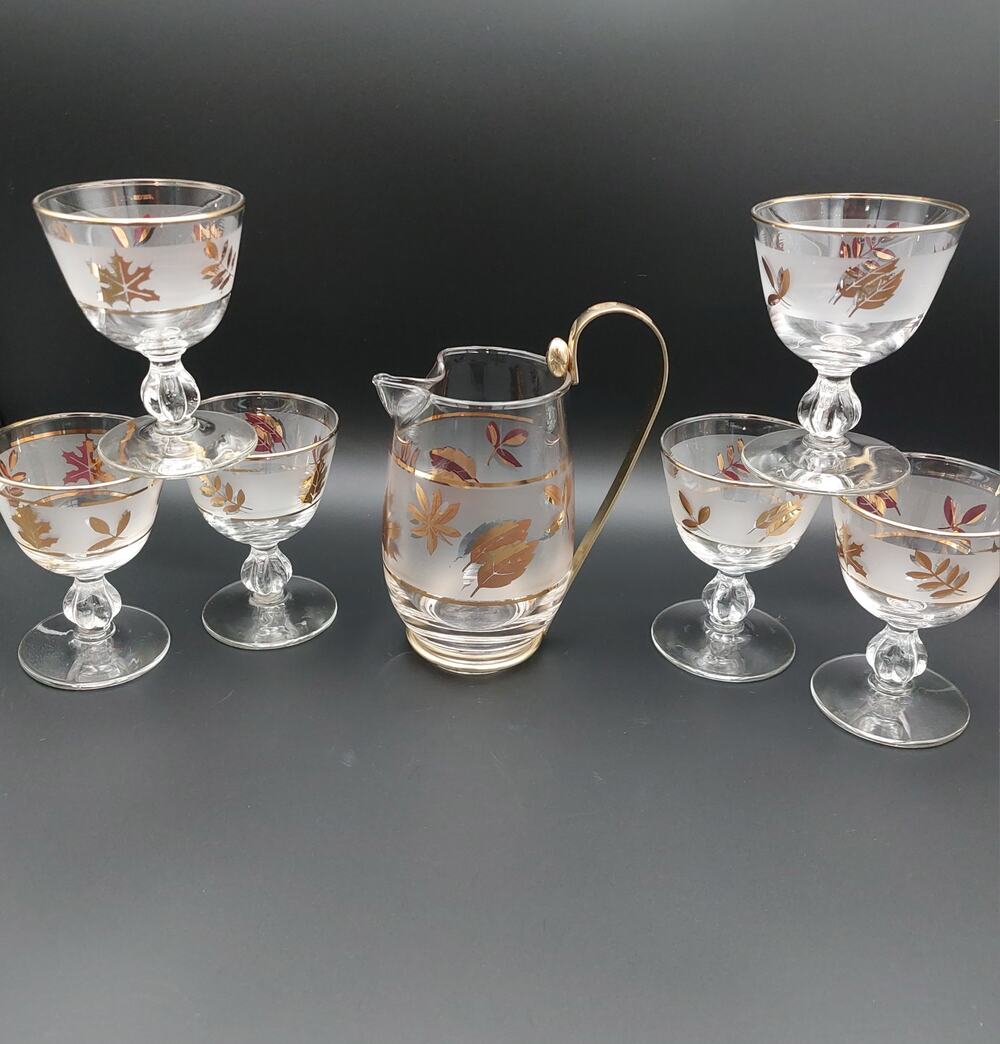 Vintage Libbey Golden Foliage 7pc Set Pitcher 6 Cordial Glasses Frosted Gold MCM